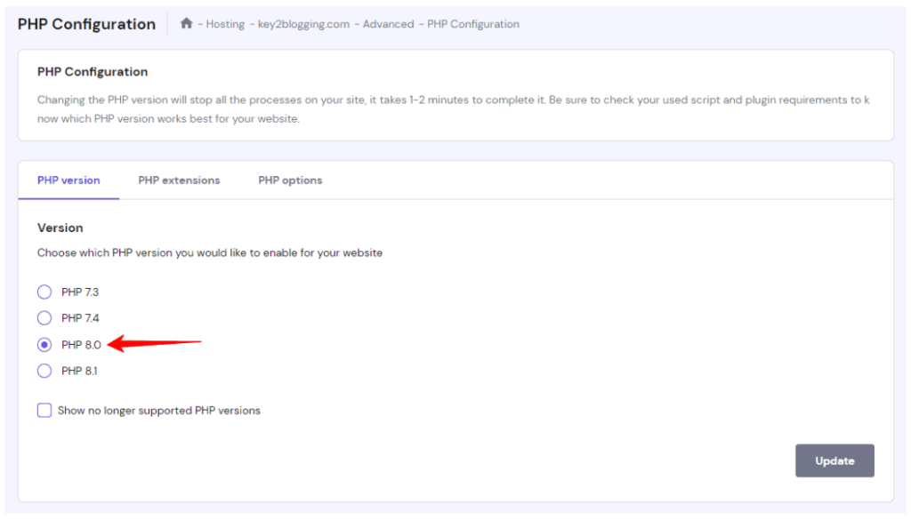 Steps to update the PHP version in hostinger