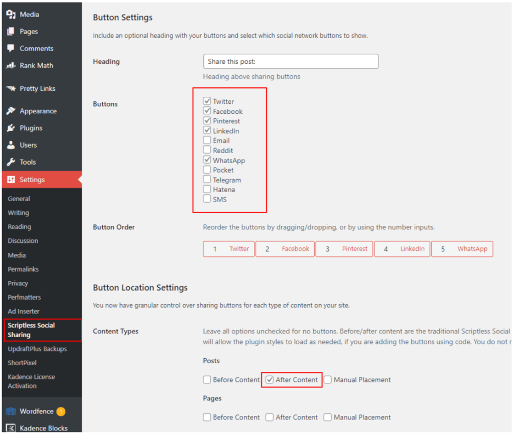 Scriptless Social Sharing settings