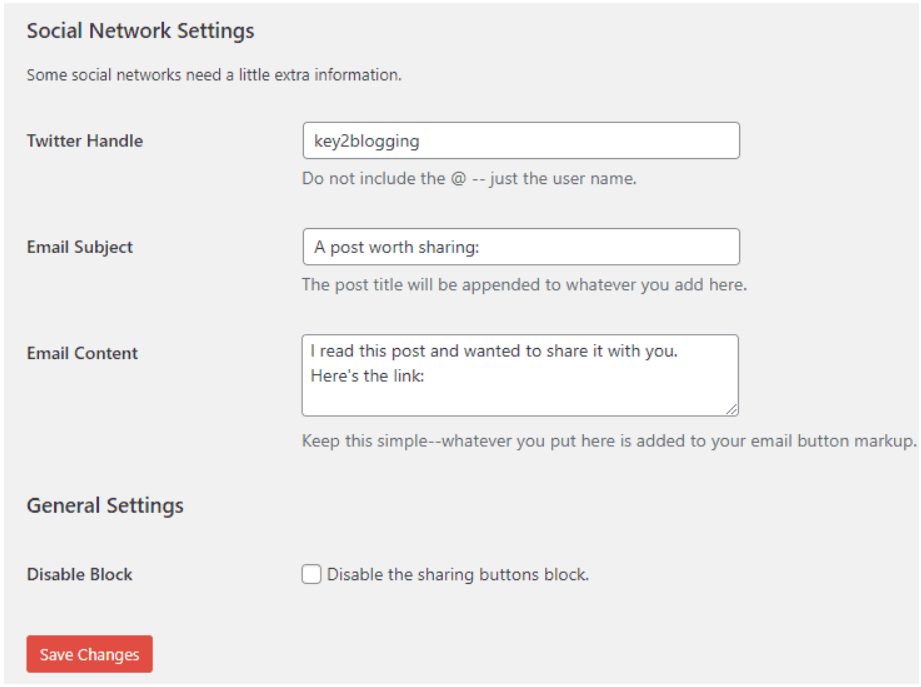 Scriptless Social Sharing settings